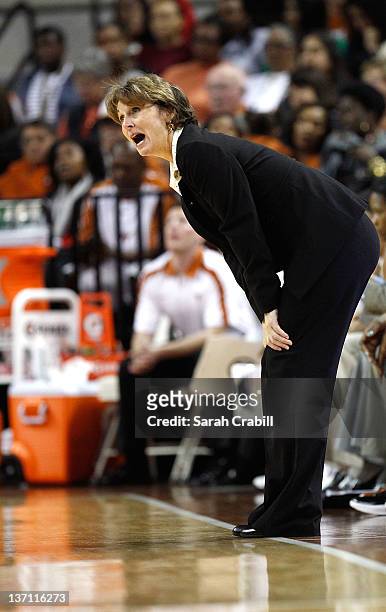 Coach Gail Goestenkors of the Texas Longhorns looks on during a game against the Baylor Bears at The Frank Erwin Center on January 15, 2012 in...