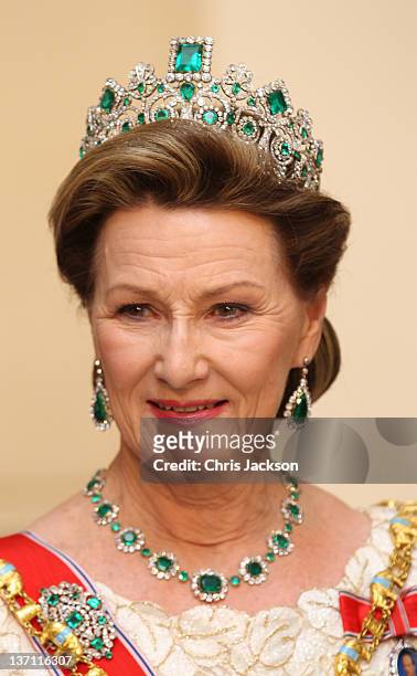 Queen Sonja of Norway attends a Gala Dinner to celebrate Queen Margrethe II of Denmark's 40 years on the throne at Christiansborg Palace Chapel on...