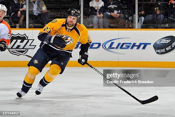 Brian McGrattan of the Nashville Predators skates against the Philadelphia Flyers at the Bridgestone Arena on January 14, 2012 in Nashville,...