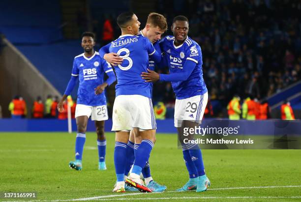 Harvey Barnes celebrates with teammates Youri Tielemans and Patson Daka of Leicester City after scoring their team's second goal during the UEFA...