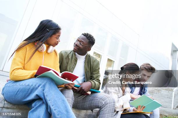 multiethnic group of students at school studying. - high school building exterior stock pictures, royalty-free photos & images