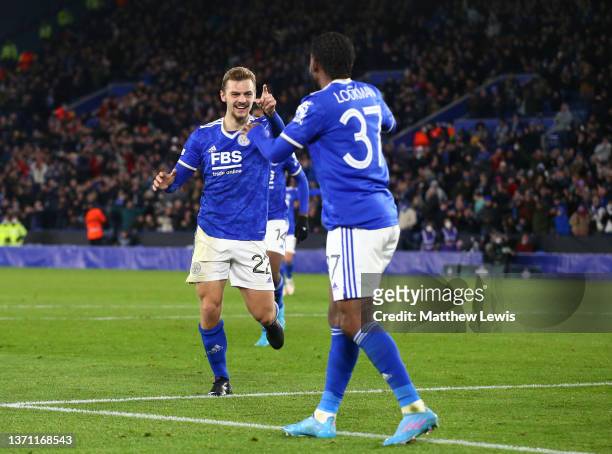 Kiernan Dewsbury-Hall celebrates with teammates Ademola Lookman of Leicester City after scoring their team's fourth goal during the UEFA Europa...