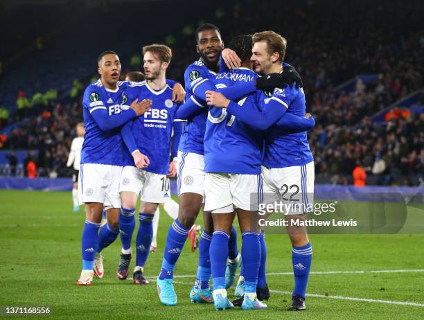 Kiernan Dewsbury-Hall celebrates with teammates Ademola Lookman of Leicester City after scoring their team's fourth goal during the UEFA Europa...