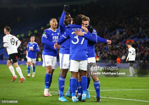 Kiernan Dewsbury-Hall celebrates with teammate Ademola Lookman of Leicester City after scoring their team's fourth goal during the UEFA Europa...