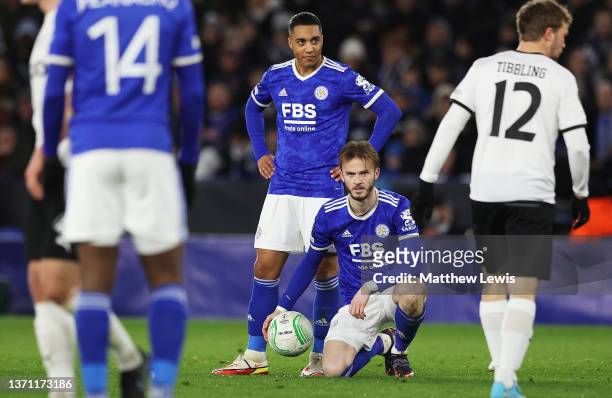 James Maddison of Leicester City looks on during the UEFA Europa Conference League Knockout Round Play-Offs Leg One match between Leicester City and...