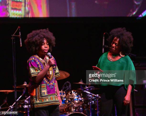 Raif-Henok Emmanuel Kendrick and Rhonda Ross speak at the Black Music & Entertainment Hall of Fame Celebration Brunch at The Tabernacle on February...