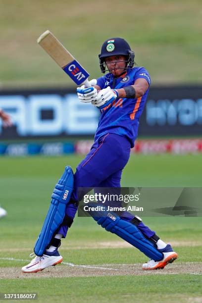 Indian player Harmanpreet Kaur bats during game three in the One Day International series between the New Zealand White Ferns and India at John...