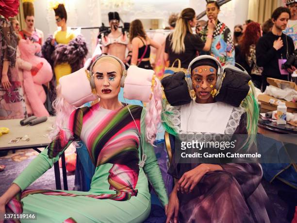 Models backstage ahead of the VIN + OMI show during London Fashion Week February 2022 on February 17, 2022 in London, England.