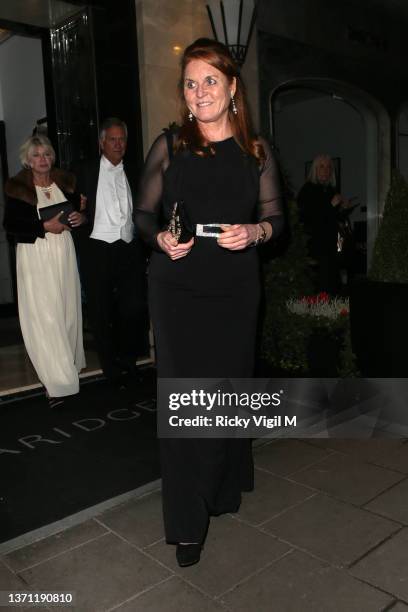 Sarah, Duchess of York seen attending Dame Joan Collins 88th birthday and 20th wedding anniversary celebration at Claridges Hotel on February 17,...