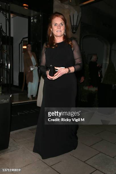 Sarah, Duchess of York seen attending Dame Joan Collins 88th birthday and 20th wedding anniversary celebration at Claridges Hotel on February 17,...