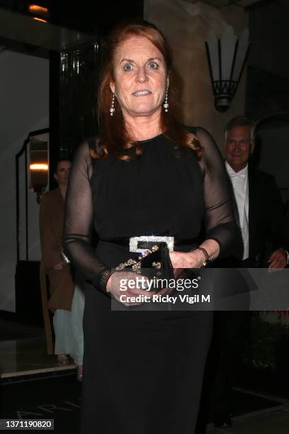 Sarah, Duchess of York seen attending Dame Joan Collins 88th birthday and 20th wedding anniversary celebration at Claridges Hotel on February 17,...