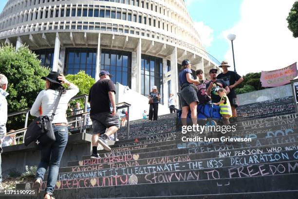 Protestors, including a family with young children, walk up and down the steps leading to the Beehive on February 18, 2022 in Wellington, New...