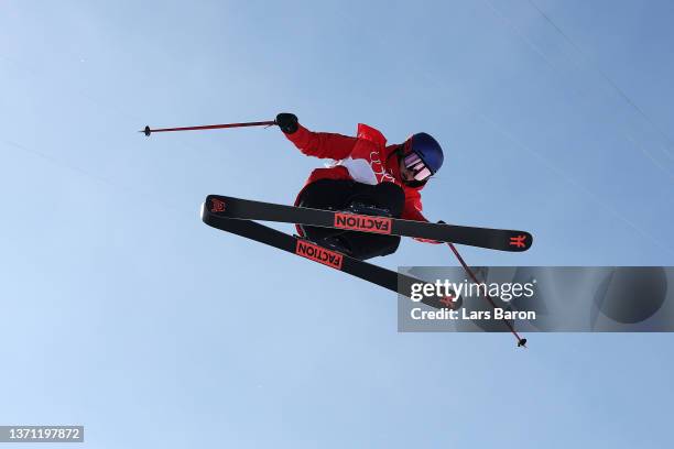 Ailing Eileen Gu of Team China performs a trick during their 1st run in the Women's Freestyle Freeski Halfpipe Final on Day 14 of the Beijing 2022...