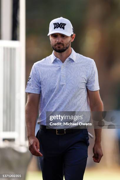 Kyle Stanley of the United States walks to the 18th tee during the first round of The Genesis Invitational at Riviera Country Club on February 17,...