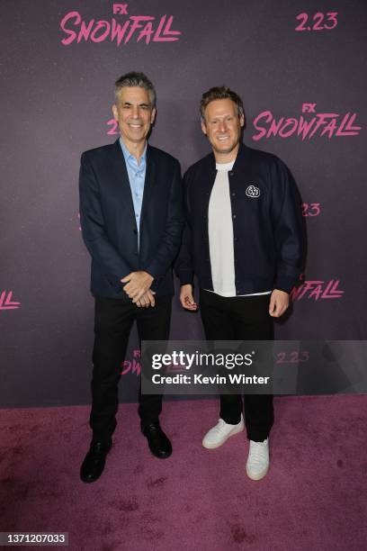 Michael London and Trevor Engelson attend FX's "Snowfall" Season 5 Premiere at Grandmaster Recorders on February 17, 2022 in Los Angeles, California.