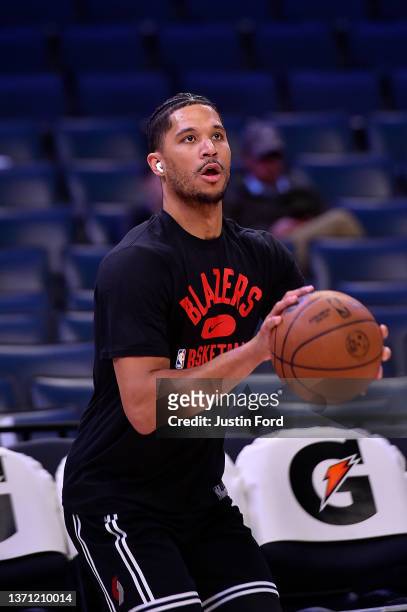 Josh Hart of the Portland Trail Blazers warms up before the game against the Memphis Grizzlies at FedExForum on February 16, 2022 in Memphis,...