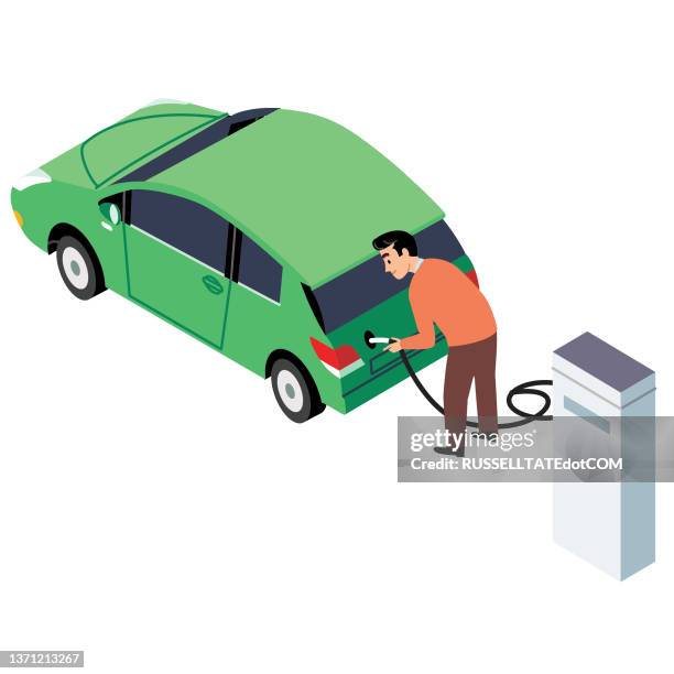 man charging up an ev vehicle in isometric - refill station stock illustrations