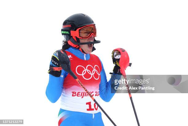 Federica Brignone of Team Italy reacts following her run during the Women's Alpine Combined on day 13 of the Beijing 2022 Winter Olympic Games at...