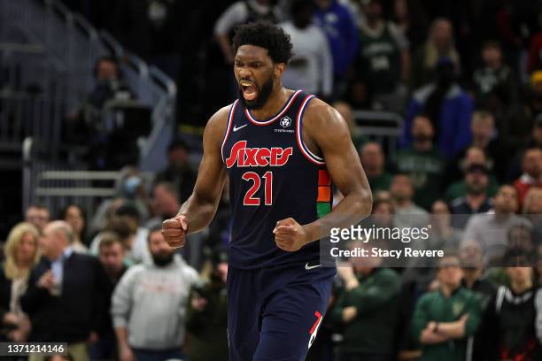 Joel Embiid of the Philadelphia 76ers reacts to an officials call during the second half of a game against the Milwaukee Bucks at Fiserv Forum on...