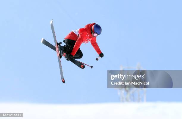 Gold medallist Ailing Eileen Gu of Team China is seen in action during the Women's Freeski Halfpipe flower ceremony on Day 14 of the Beijing 2022...