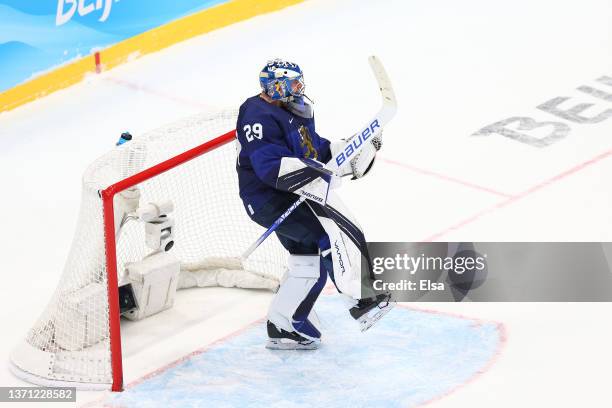 Goaltender Harri Sateri of Team Finland reacts after Team Finland defeated Team Slovakia 2-0 in the Men's Ice Hockey Playoff Semifinal match between...