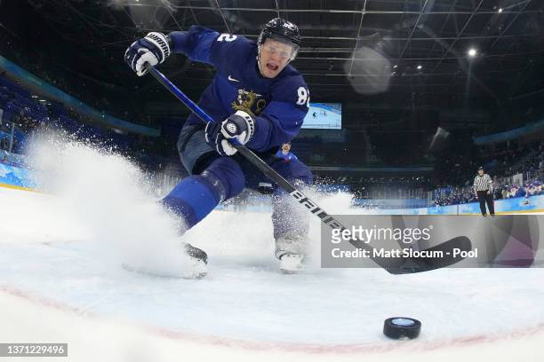 Harri Pesonen of Team Finland scores an empty-net goal in the third period during the Men's Ice Hockey Playoff Semifinal match between Team Finland...