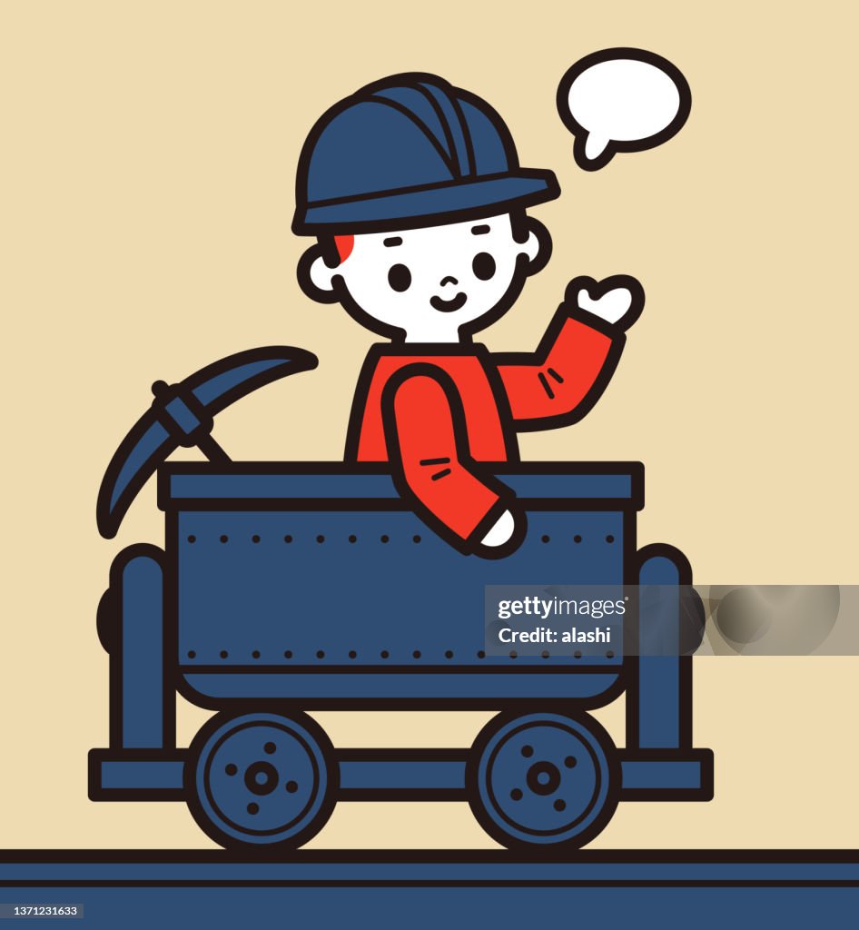 Cute boy or miner wearing a helmet and taking a pickaxe and greeting in a minecart