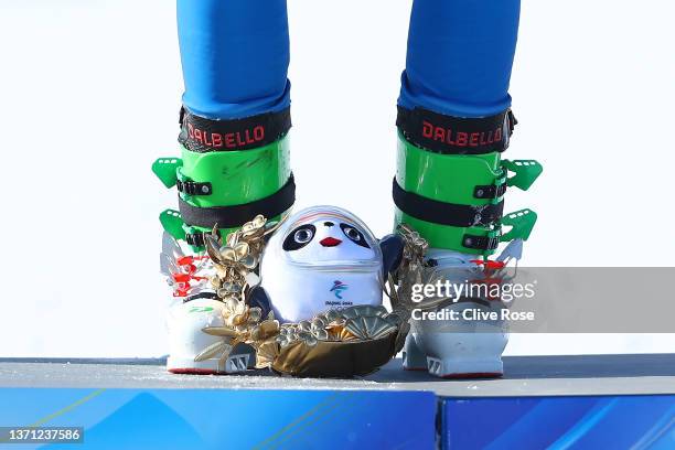 Detail of Bronze medallist Sergey Ridzik of Team ROC during the Men's Ski Cross flower ceremony on Day 14 of the Beijing 2022 Winter Olympics at...