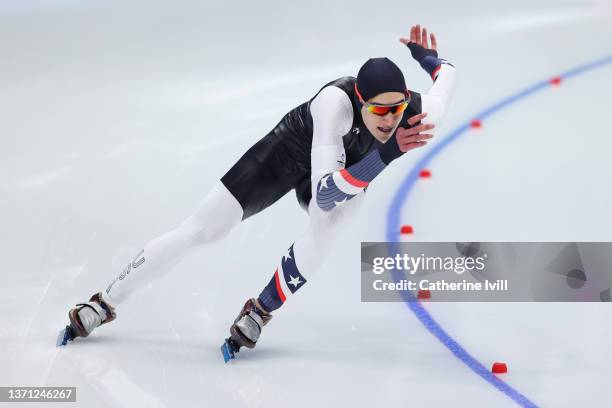 Jordan Stolz of Team United States skates during the Men's 1000m on day fourteen of the Beijing 2022 Winter Olympic Games at National Speed Skating...