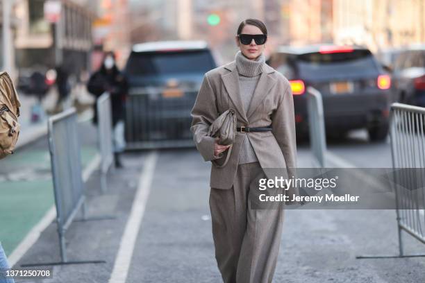 Marina Ingvarsson is seen outside Claudia Li during New York Fashion Week on February 16, 2022 in New York City.