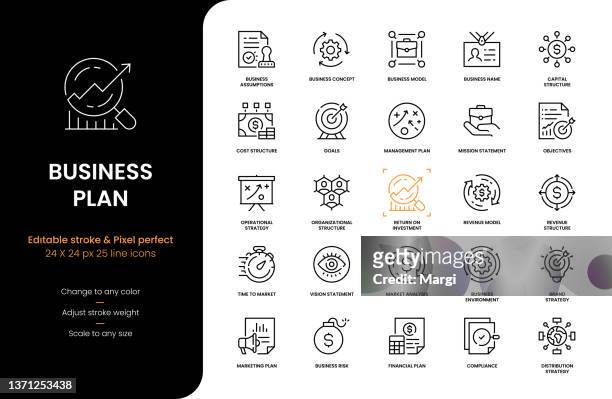 ilustraciones, imágenes clip art, dibujos animados e iconos de stock de iconos de línea de plan de negocios - investigación de mercados