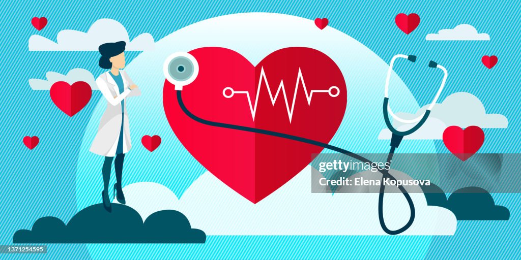 Cardiology. A woman cardiologist with a stethoscope examines the heart. Diagnosis and prevention of cardiovascular diseases. Flat style graphic vector illustration in EPS 10 format.