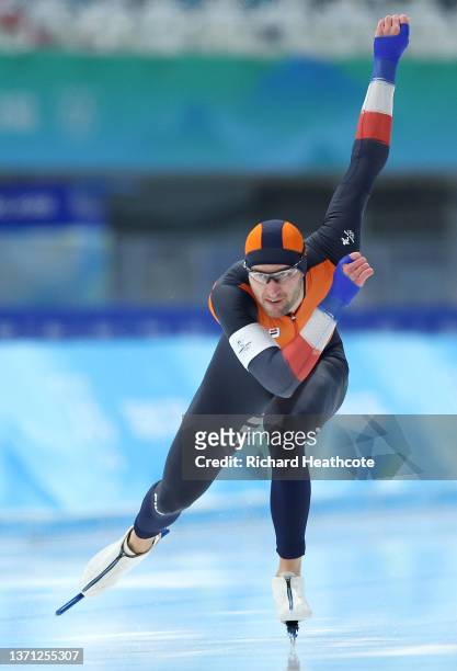 Thomas Krol of Team Netherlands skates during the Men's 1000m on day fourteen of the Beijing 2022 Winter Olympic Games at National Speed Skating Oval...