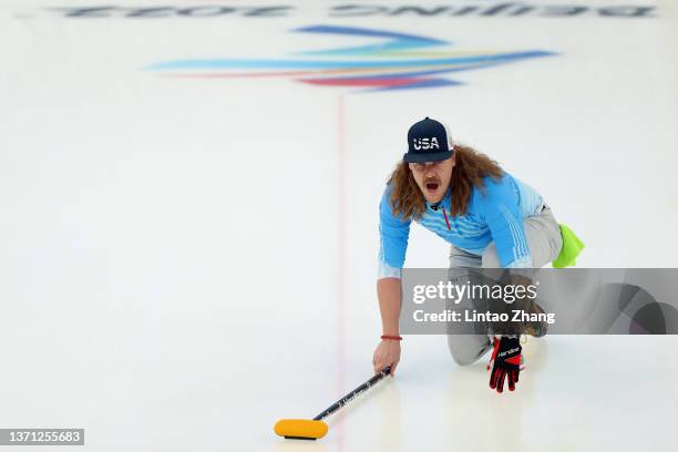 Matt Hamilton of Team United States reacts against Team Canada during the Men's Curling Bronze Medal Game on Day 14 of the Beijing 2022 Winter...
