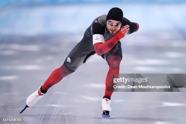 Laurent Dubreuil of Team Canada skates during the Men's 1000m on day fourteen of the Beijing 2022 Winter Olympic Games at National Speed Skating Oval...