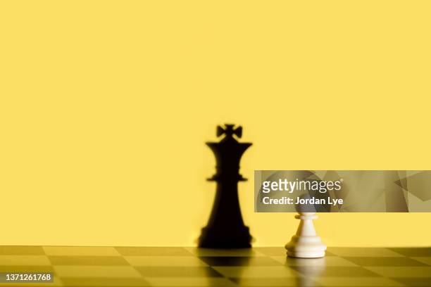 white pawn chess piece with king shadow - pieno di risorse foto e immagini stock