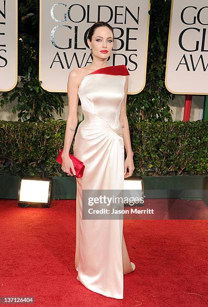 Actress Angelina Jolie arrives at the 69th Annual Golden Globe Awards held at the Beverly Hilton Hotel on January 15, 2012 in Beverly Hills,...