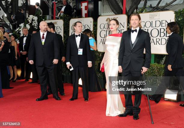 Actors Angelina Jolie and Brad Pitt arrive at the 69th Annual Golden Globe Awards held at the Beverly Hilton Hotel on January 15, 2012 in Beverly...