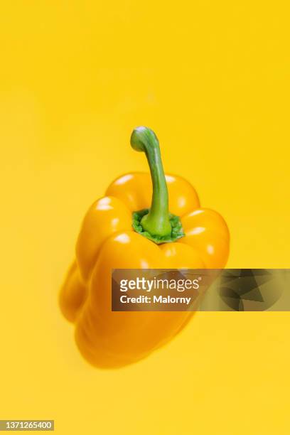 a yellow bell pepper on yellow background. - bell pepper stockfoto's en -beelden