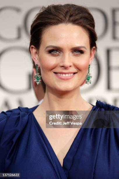 Actress Emily Deschanel arrives at the 69th Annual Golden Globe Awards held at the Beverly Hilton Hotel on January 15, 2012 in Beverly Hills,...