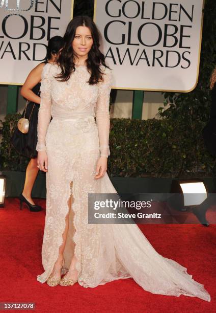 Actress Jessica Biel arrives at the 69th Annual Golden Globe Awards held at the Beverly Hilton Hotel on January 15, 2012 in Beverly Hills, California.