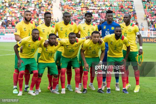 Cameroon players pose for a team photograph before the Africa Cup of Nations 2021 group A match between Cape Verde and Cameroon at Stade d'Olembe in...