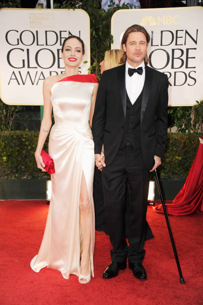 Actors Brad Pitt and Angelina Jolie arrive at the 69th Annual Golden Globe Awards held at the Beverly Hilton Hotel on January 15, 2012 in Beverly...