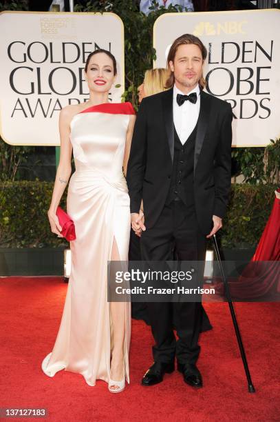 Actors Brad Pitt and Angelina Jolie arrive at the 69th Annual Golden Globe Awards held at the Beverly Hilton Hotel on January 15, 2012 in Beverly...