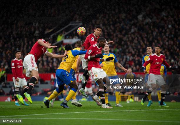 Cristiano Ronaldo of Manchester United rises to head the ball during the Premier League match between Manchester United and Southampton at Old...