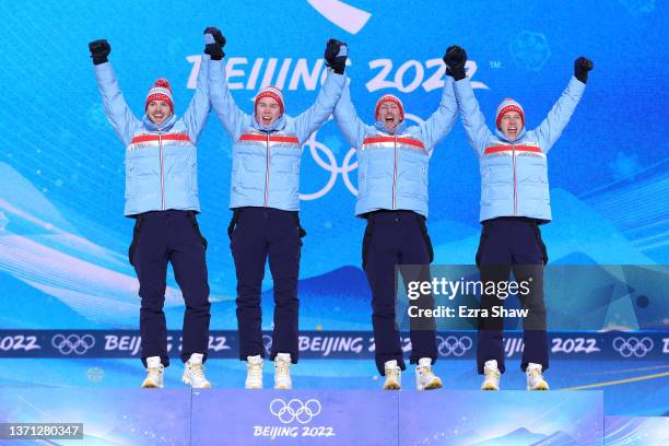 Gold Medallists Jens Luraas Oftebro, Espen Andersen, Espen Bjoernstad and Joergen Graabak of Team Norway celebrate during the Men’s Large Hill/4x5km...