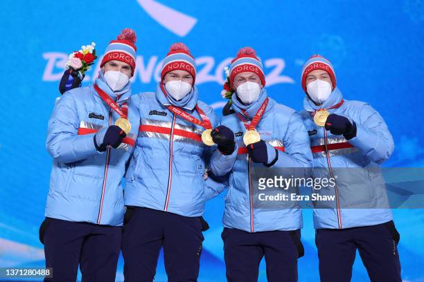 Gold Medallists Jens Luraas Oftebro, Espen Andersen, Espen Bjoernstad and Joergen Graabak of Team Norway pose with their medals during the Men’s...