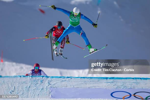 February 17: Simone Deromedis of Italy wins the small final race with flambouyance from Brady Leman of Canada in second place during the Men's Ski...