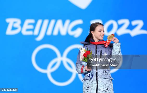 Gold medallist Anna Shcherbakova of Team ROC poses with their medal during the Women Single Skating Medal Ceremony on Day 14 of the Beijing 2022...