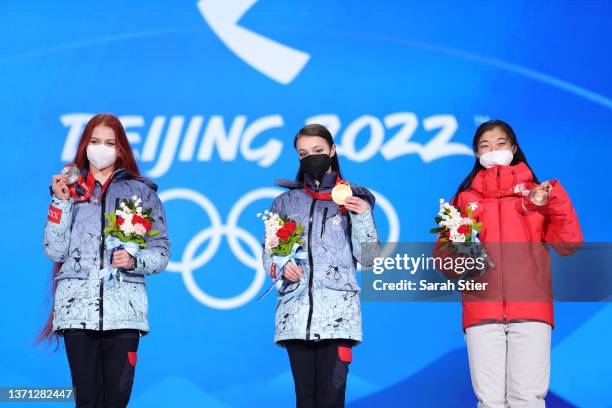 Gold medallist Anna Shcherbakova of Team ROC Silver Medallist Alexandra Trusova of Team ROC and Bronze Medallist Kaori Sakamoto of Team Japan pose...